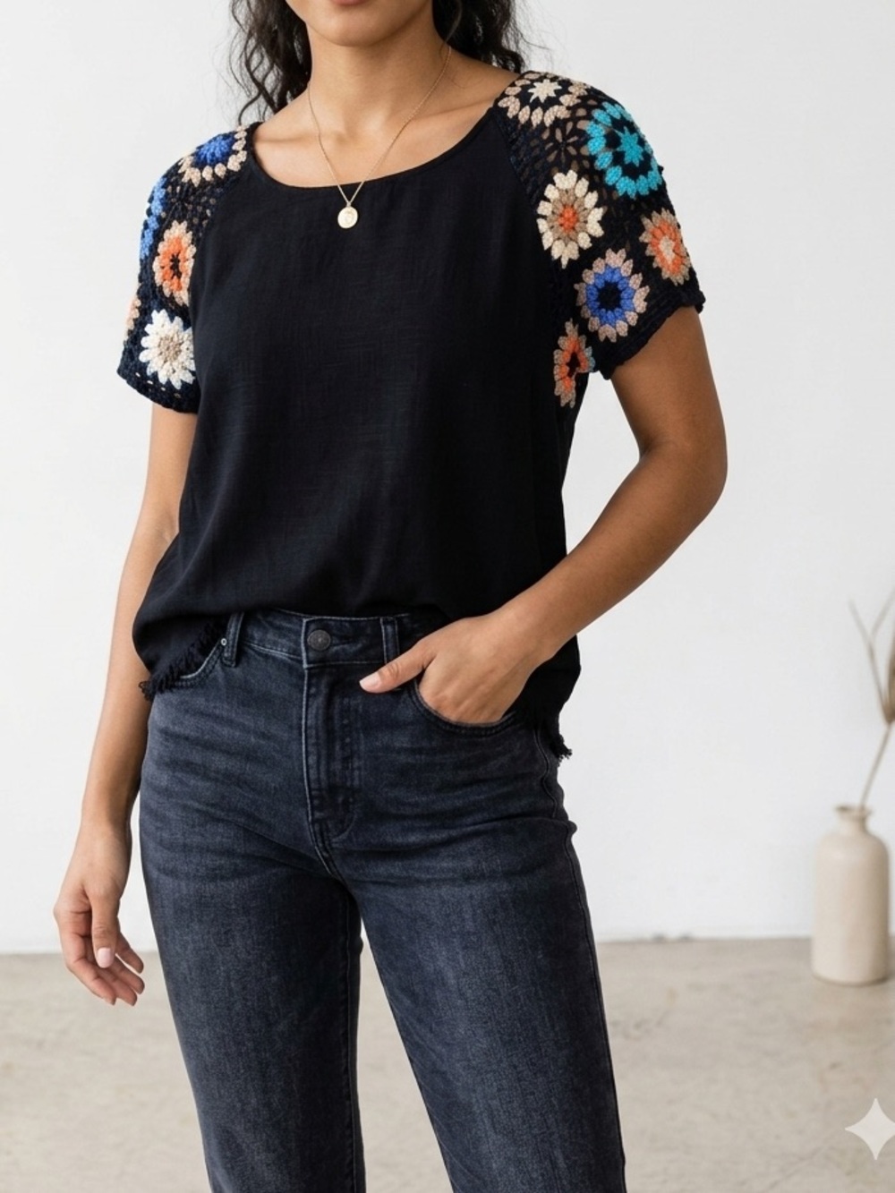 Umgee Black Top with Colorful Crochet Floral Sleeves